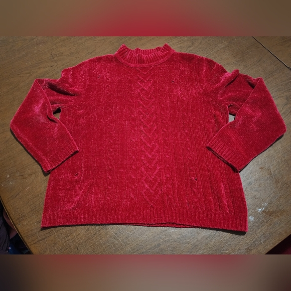 Alfred Dunner Sweaters - Alfred Dunner Vibrant Red Crew Neck Distressed Sweater